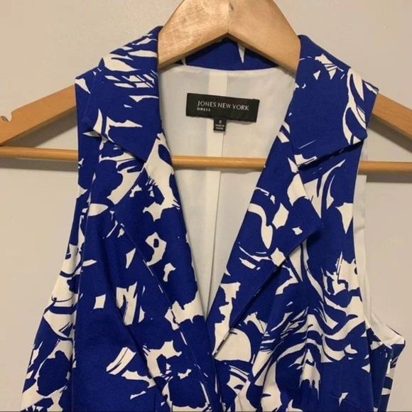 Jones New York Blue White Abstract Floral Print Midi Knit Pull Over Dress Size 8 - Picture 5 of 12